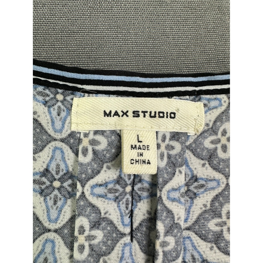 Max Studio Women's Cold Shoulder Blouse Blue Geometric Tile Print Top Large